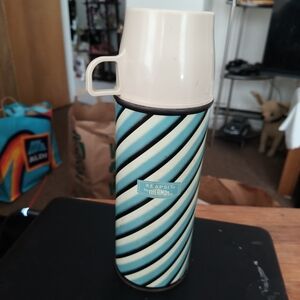 KEEPSIR THERMOS Dated 1963 Aqua and Cream Diagonal Stripe Flask Undamaged 9 1/2